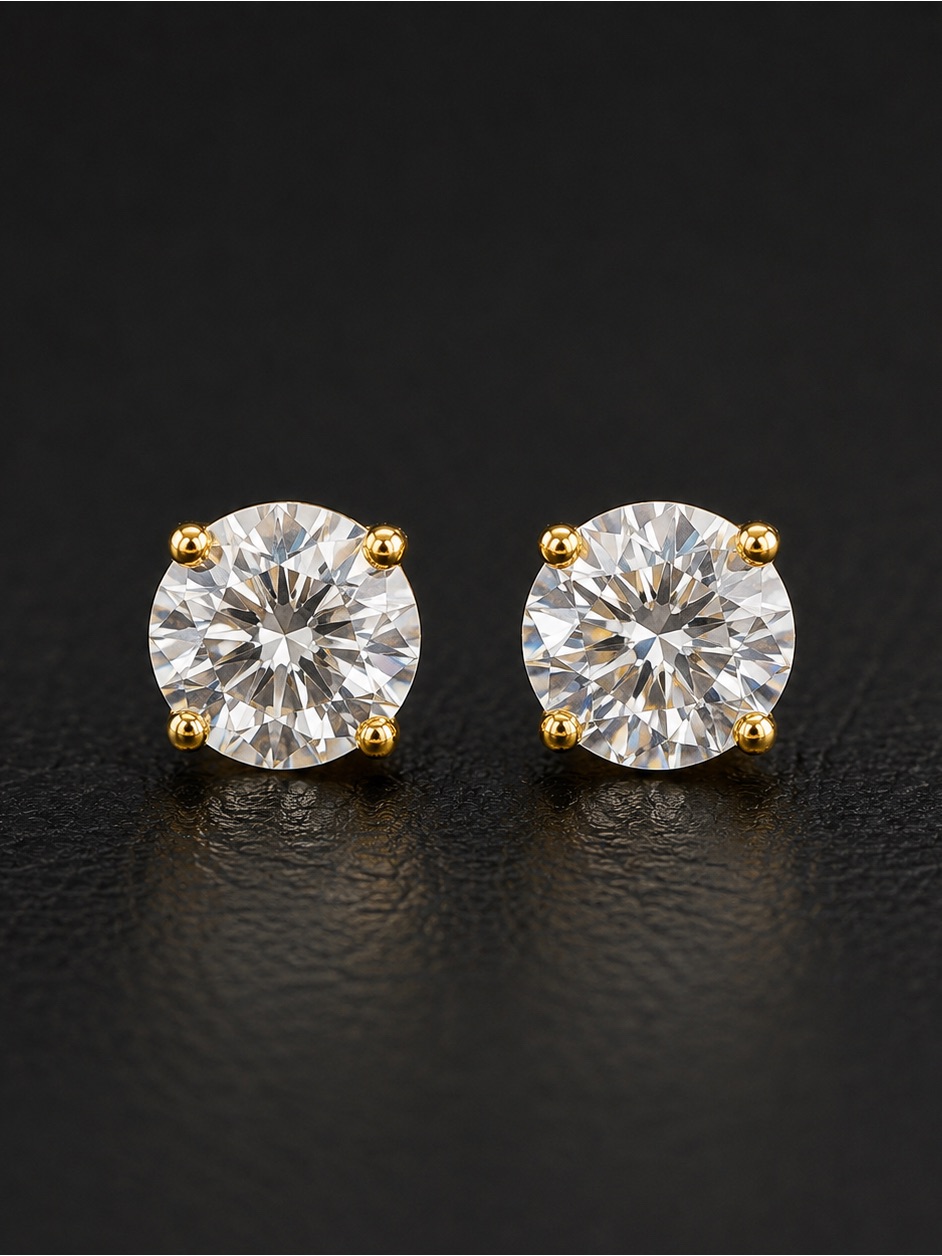 10k Yellow Gold Cz Stud Earrings Round Cubic Zirconia Sparkly Minimalist